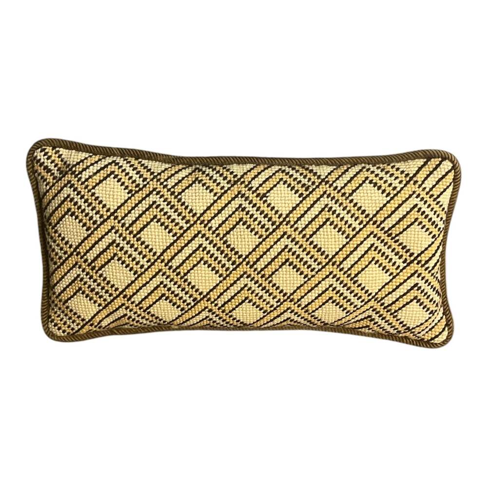 Vintage Kuba Raffia Lumbar Pillow with Interlaced Geometric Diamond Pattern